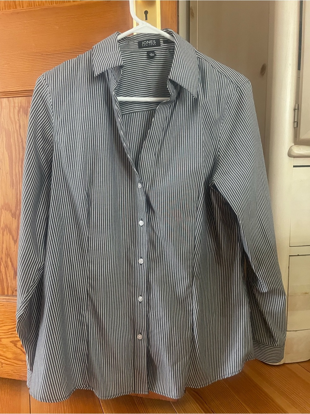 Jones New York Black and White Striped Button-Up Shirt.